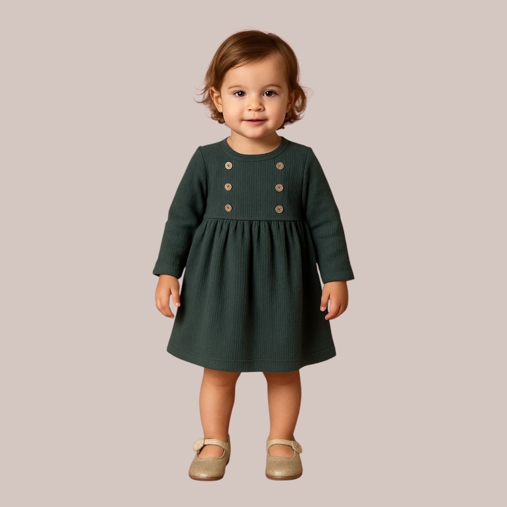 Toddler Girl Dusty Blue Ribbed Knit Long Sleeve Dress Button Sz 18-24M Holiday